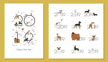 2019 köpek takvimi, yaratıcı başlık ve 12 logoları ile farklı doğurmak-in köpek. En az, kroki tarzı, göl kenarında beyaz arka planda, vektör çizim