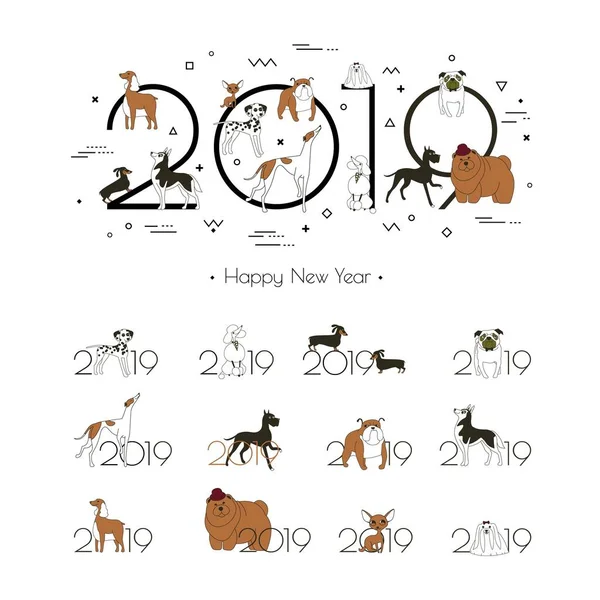2019 Dog Calendar Creative Headline Logos Different Breeds Dogs Minimal — Stock Vector