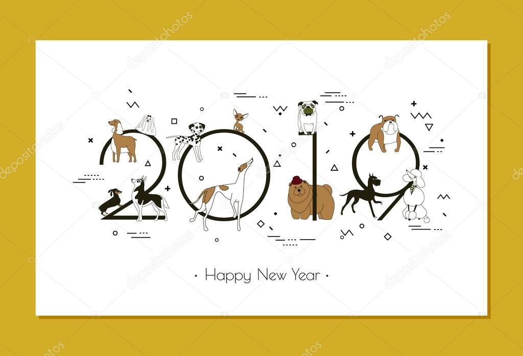 Banner in breeds of dogs 2019, Happy New Year, calendar, Memphis style, Isolated on white background, Banner can be used for advertising, greetings, sale, Vector illustration