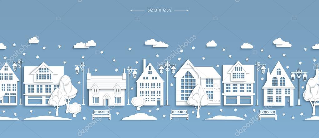Seamless winter street, white paper buildings, lanterns, benches, trees, snowflakes, snowdrifts, wintertime, Scandinavian style, vector illustration