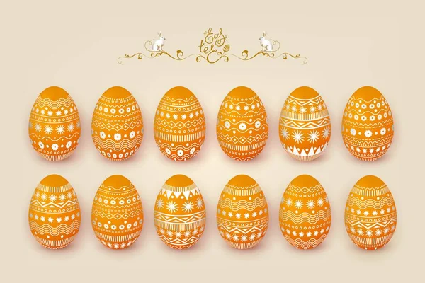 Feliz Pascua Conjunto Huevos Pascua Amarillos Con Ornamento Letras Conejo — Archivo Imágenes Vectoriales