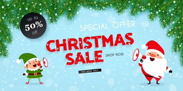 Christmas New Year Discounts Sales Festive Advertising Banner Santa Claus — Stock Vector