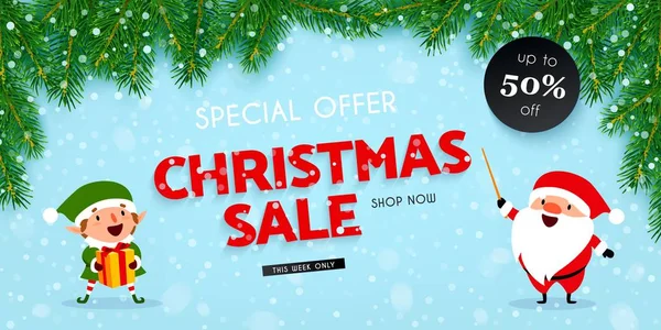 Christmas New Year Discounts Sales Festive Advertising Banner Santa Claus — Stock Vector