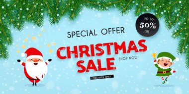 Noel ve yeni yıl indirimler ve satış, Noel Baba, Noel elf, Noel ağaç dalları ve yağan kar, dekore edilmiş ile bir festival reklam afişi illüstrasyon vektör