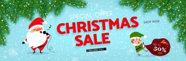 Noel ve yeni yıl indirimler ve satış, Noel Baba, Noel elf, Noel ağaç dalları ve yağan kar, dekore edilmiş ile bir festival reklam afişi illüstrasyon vektör