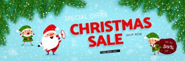Noel ve yeni yıl indirimler ve satış, Noel Baba, Noel elf, Hediyelik, yılbaşı ağacı dalları ve yağan kar, dekore edilmiş ile bir festival reklam afişi illüstrasyon vektör