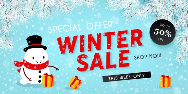 Kış indirimi, kardan adam, kar yağışı, karla kaplı çam dalları, metin, indirimler ve perakende, reklam tasarımı için şablon ile mevsimlik yatay banner illüstrasyon vektör