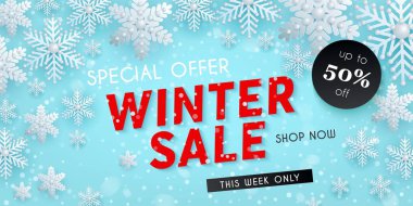 Kış indirimi, mevsimlik yatay mavi afiş reklam tasarımı, vektör çizim için şablon ile dekoratif 3d kar taneleri,