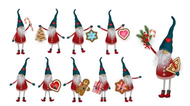 Noel Elf hediyeler, kurabiye ve tatlı, ile ayarlayın. İskandinav halk karakter tatil reklam için. Vektör çizim üzerinde beyaz izole