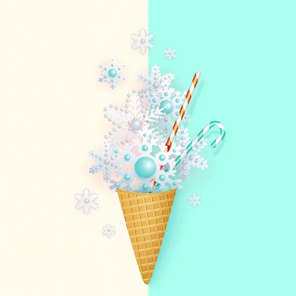 Ijs Een Beker Wafel Met Gestileerde Sneeuwvlokken Pastel Minimalisme Abstract — Stockvector