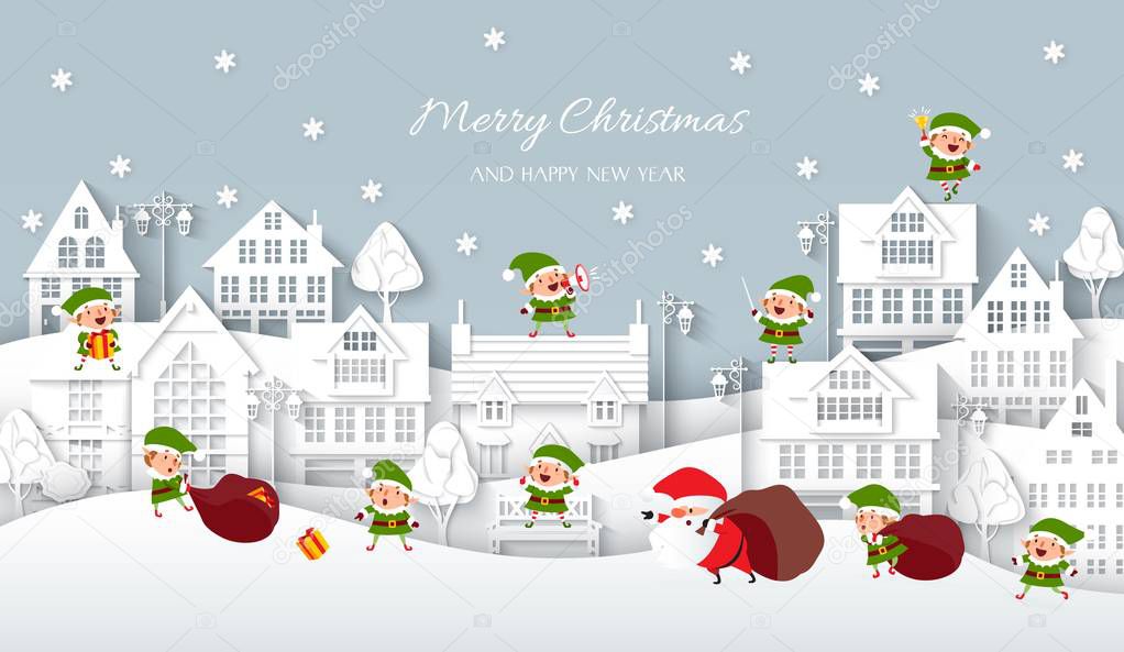 Christmas snowy town, white paper houses in the Scandinavian style, Santa Claus and elves, lanterns, benches, trees, snowflakes, snowdrifts, wintertime, Winter background, vector illustration