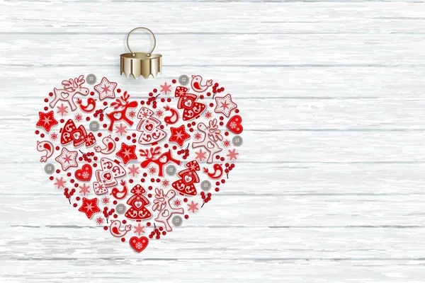 新年心脏与圣诞玩具装饰在斯堪的纳维亚样式 平的放置 被隔绝在温和的白色背景为节日圣诞节设计 向量例证 — 图库矢量图片