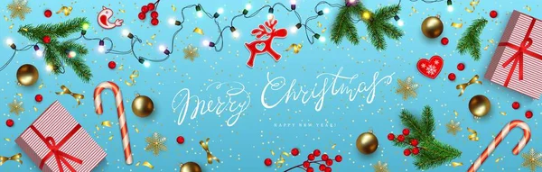 Горизонтальний Різдвяний Банер Синій Різдвяний Фон Різдвяними Прикрасами Ялинкові Гілки — стоковий вектор