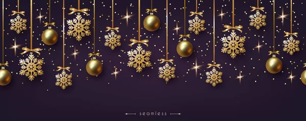 圣诞节水平紫外线无缝边界与悬挂现实的金球和金色雪花 圣诞装饰元素为假日广告设计 向量例证 — 图库矢量图片