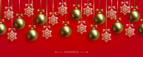 Borda Sem Costura Vermelha Horizontal Natal Com Bolas Ouro Realistas — Vetor de Stock