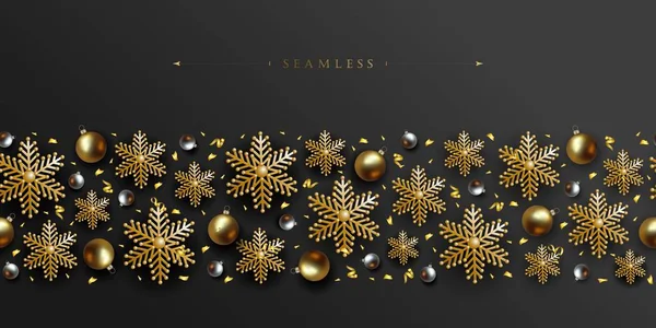 圣诞节和新年金色观赏雪花 金和银球 在黑色背景无缝的边界 在黑暗的背景被隔绝的假日设计和广告的向量元素 — 图库矢量图片