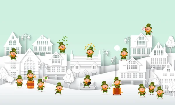 Αγίου Patricks Ημέρα Αστείο Μικρό Leprechauns Στο Φόντο Του Δρόμου — Διανυσματικό Αρχείο
