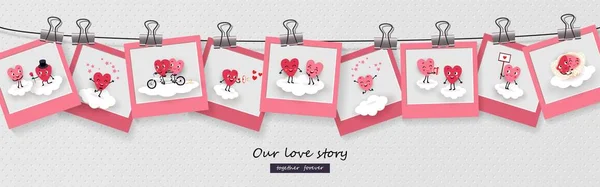 Aşk Hikayesi Güzel Aşık Animasyonlu Kalp Bir Çift Fotoğraf Üzerinde — Stok Vektör