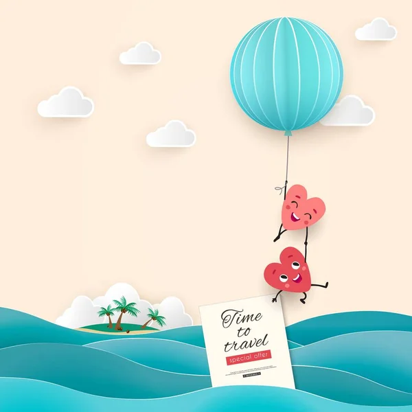 新婚旅行 碑文旅行する時 アニメーション心飛ぶ風船 紙カットのベクトル図で波の形をした恋人たちのペア — ストックベクタ