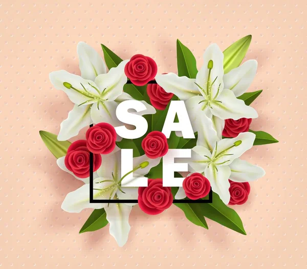 Design Venda Verão Composição Colorida Com Flores Lírios Brancos Rosas —  Vetores de Stock