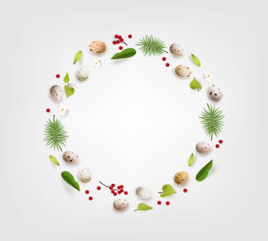 Renkli gerçekçi Bıldırcın yumurta çiçek berry yapılmış yaratıcı Paskalya düzeni ve beyaz arka plan diyet ürün sağlıklı beslenme daire çelenk düz yapraklarda kavramı vektör çizim yatıyordu