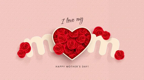 Happy Mothers Day Design Compoziție Inscripția Mom Inimă Flori Trandafiri — Vector de stoc