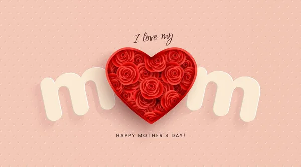 Happy Mothers Day design, 3D composition with the inscription MOM, heart, flowers of red roses, 3D vector postcard, festive design element