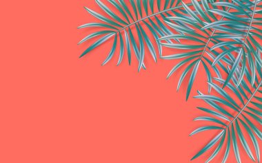 Tropikal palmiye çerçeve mercan zemin üzerinde bırakır. Yaz zümrüt tropikal yaprak. Egzotik hawaiian orman, yaz aylarında arka plan. Pastel sanat renkli en az tarzı, kağıt kesme