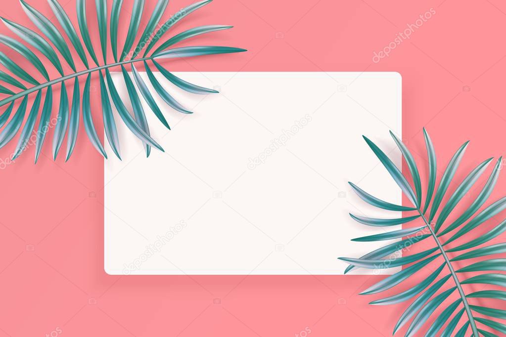 Tropical palm leaves frame on coral backdrop. Summer emerald tropical leaf. Exotic hawaiian jungle, summertime background. Pastel art colorful minimal style, Paper cut
