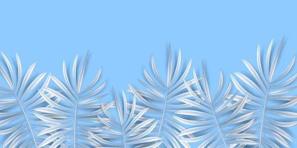 向量热带水平横幅与银色棕榈叶子在浅蓝色背景 异国情调的夏威夷丛林冬季设计 冬季背景 柔和的最小风格 — 图库矢量图片