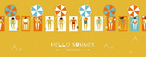 人们的男人和女人在海滩上晒日光浴在遮阳伞下 无缝的水平的样式 向量例证 — 图库矢量图片