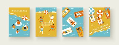 Deniz, plaj, yaz. İnsanlar erkek ve kadın şemsiye altında Sahilde güneşlenmek, plaj voleybolu ve badminton oynamak. Vektör kartı A4 boyutunda bir dizi