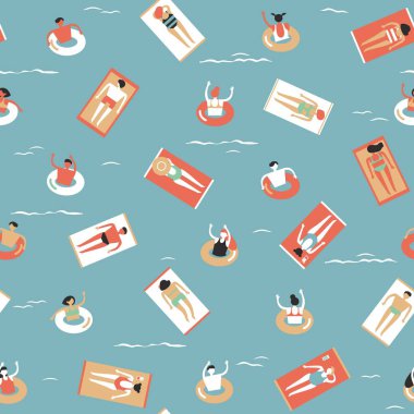 İnsanlar kadın ve erkek yıkanmak güneşlenmek ve denize dinlen. Pastel renkli seamless modeli yazdırılabilir. Vektör çizim