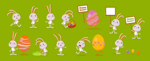 Пасхальный Набор Кроликов Раскрашенными Пасхальными Яйцами Забавный Веселый Кролик Праздничного — стоковый вектор