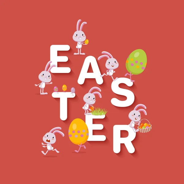 Velikonoční Design Velké Slovo Velikonoce Legrační Malé Králíčky Obarvená Vejce — Stockový vektor