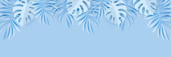 Bannière Horizontale Tropicale Vectorielle Avec Feuilles Palmier Argentées Bleues Sur — Image vectorielle