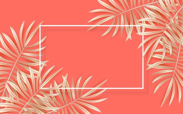 矢量热带横幅与金色棕榈叶在活珊瑚的背景下 异国情调的夏威夷丛林设计 夏季背景 粉彩服最小样式向量例证 — 图库矢量图片