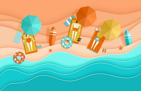 Beach top view background with sea waves, sand, sunbathing people, umbrella, deck chair, surfboard, starfish, ball, cocktail, beach sandals, lifebuoy papercut, paper craft aerial view vector