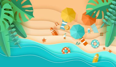 Beach üstten görünüm arka plan dalgalar, kum, tropikal yaprak deniz, şemsiye, şezlong, sörf, deniz yıldızı, top, kokteyl, sandalet, lifebuoy papercut, metin, kağıt el sanatları havadan görünümü için yer plaj