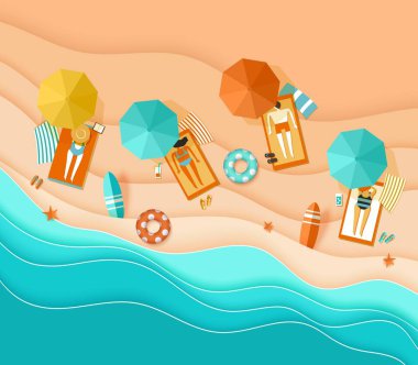 Beach üstten görünüm arka plan ile deniz dalgaları, kum, güneş banyosu insanlar, şemsiye, şezlong, sörf, deniz yıldızı, top, kokteyl, plaj sandaletleri, lifebuoy papercut, kağıt el sanatları havadan görünümü vektör