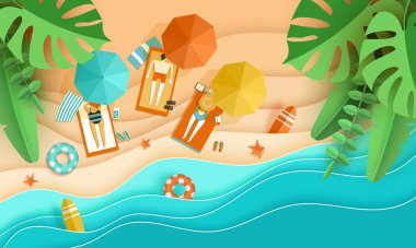 Beach Tatil küçük insanların tropikal plaj üstten görünüm arka plan üzerinde güneşlenmek dalgalar deniz, tropikal yaprak erkekler ve kadınlar, şemsiye, şezlong, sörf, deniz yıldızı, kağıt ile zanaat yer metin için kağıt
