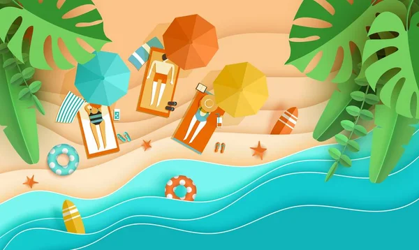ビーチ休暇の小さな人々 海の波 熱帯の葉の男性と女性 デッキチェアー サーフボード ヒトデ 自分自身とトロピカルビーチ トップ ビューの背景での日光浴や ペーパー — ストックベクタ