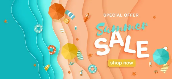 Summer sale, beach holiday, banner, layered sea and sand, travel, discounts — Stock Vector