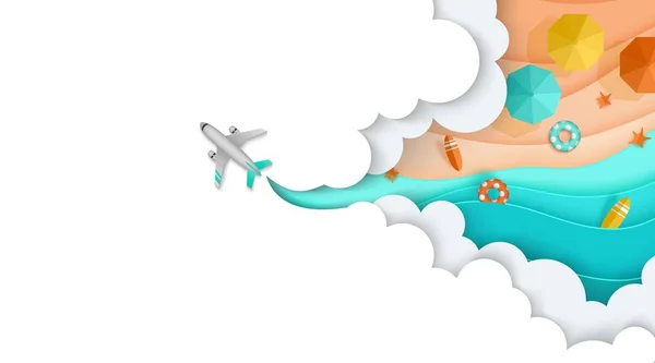 Plane flies through the clouds, see, beach, sea, sand, Layered, landing page — Stock Vector