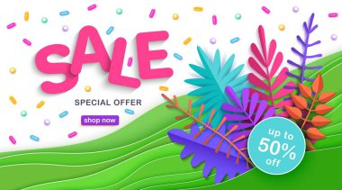 Bahar ve yaz satış, renkli yaprakları ile afiş kağıt kesme, vektör katmanlı