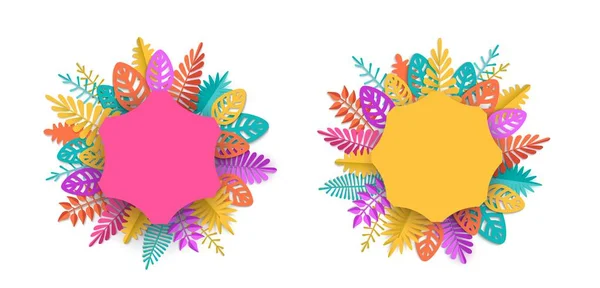 Banner de primavera verano u otoño con lugar para hojas coloridas de texto, corte en papel — Vector de stock