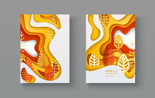 Herbst-Banner mit geschichteten Formen und Blättern im Scherenschnitt-Stil — Stockvektor