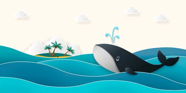 Синій кит плаває на морі минулого тропічного острова з долонею в стилі паперового вирізу — стоковий вектор