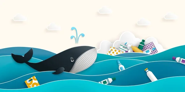 Whale swims in the ocean past the island of garbage, plastic bottles and packaging — Stock Vector