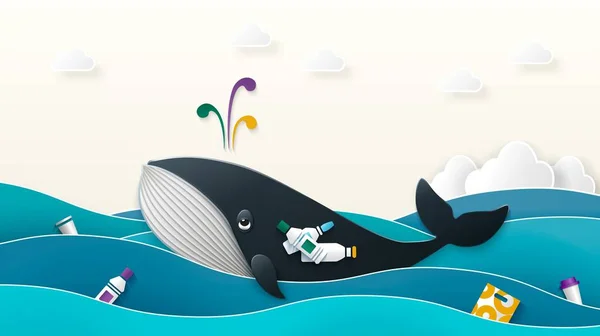 Wieloryb połknął plastikowe śmieci. Pojęcie zanieczyszczenia środowiska — Wektor stockowy